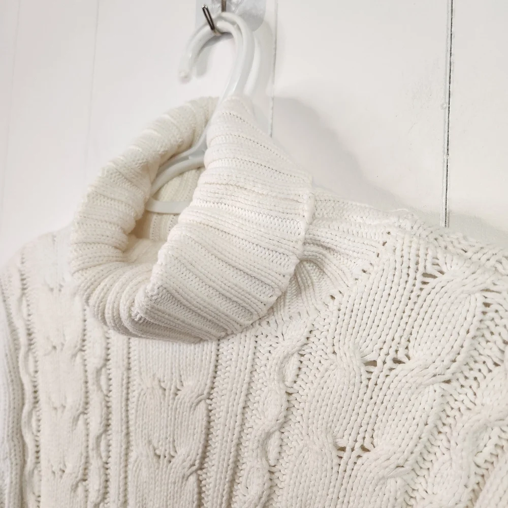 Vintage 90s White Turtleneck Cable Knit Long Sleeve Sweater 1990s Cotton Preppy - Picture 3 of 9